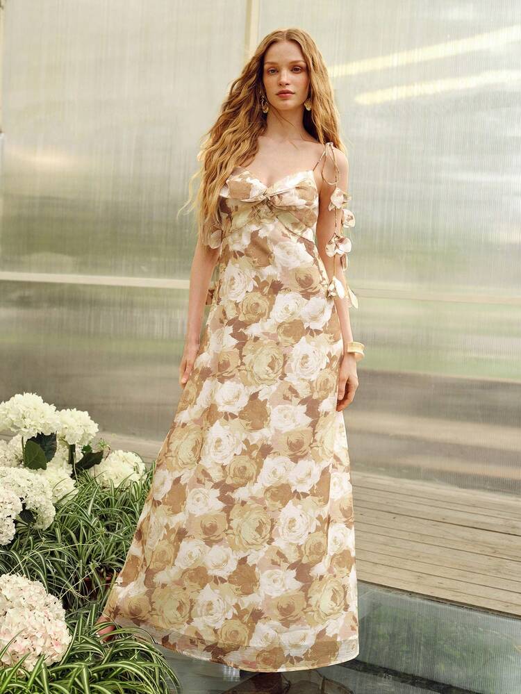 ELEGANT SPAGHETTI STRAP DEEP V-NECK MAXI PARTY DRESS FOR WOMEN, CHEST KNOT DETAIL, ADJUSTABLE SHOULDER TIES WITH 3D FLORAL ACCENTS, VALENTINE'S DAY & FORMAL EVENINGS