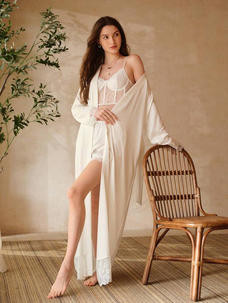 WHITE ELEGANT LACE INSERT BELTED LONG ROBE