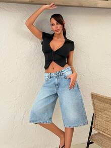 SHEIN WOMEN LOW WAIST STRAIGHT DENIM BLUE JEAN SHORT CASUAL - Medium Wash - View 4