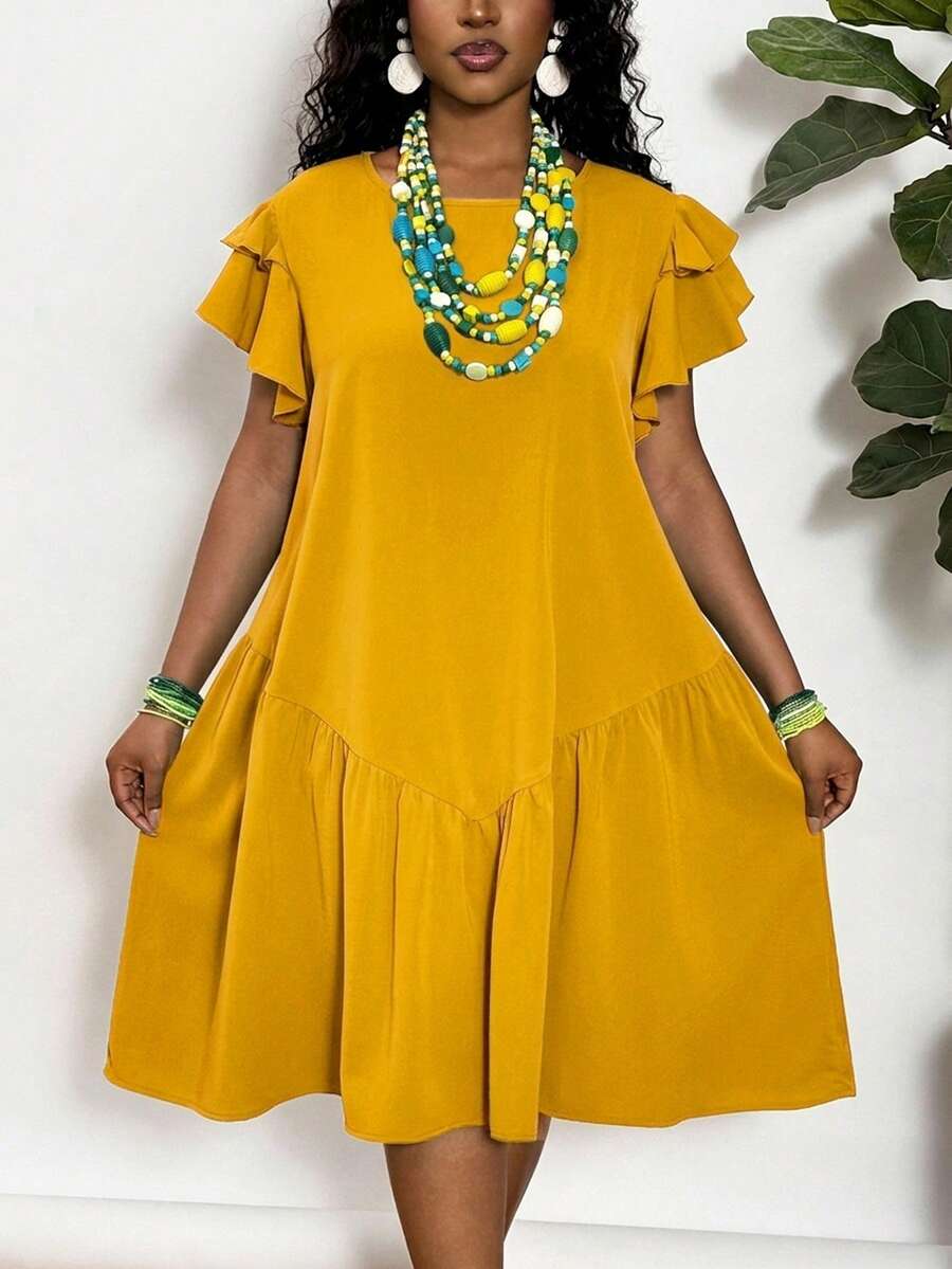 Slaydiva Plus Size Round Neck A-Line Knee-Length Ruffle Sleeve Romantic Hem Green Commuter Spring/Summer Light Vacation Dress - Yellow - View 1
