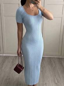 Summer Large U-Neck Short Sleeve Bodycon Maxi Sweater Dress, Sexy Cute Party Blue Dress,Holiday - Baby Blue - View 4