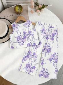 Emery Rose Kids Emery Rose Kids 少女碎花圆领上衣和裤子休闲日常穿搭 - 紫色 - 查看 4