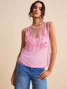 LOTSLUV Áo nữ màu hồng xuyên thấu cổ tròn không tay dáng rộng và áo hai dây màu hồng cánh sen, thích hợp cho mùa xuân/hè. - Màu Hồng baby - Xem 6