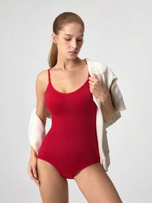 Loungeista 1件女款無縫無袖V領連身衣，收腹提臀，高彈性，適合夏季 - 紅色 - 查看 7