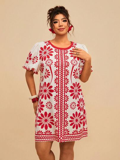 Travachic Plus Size Women's Casual Floral Print Bubble Sleeve Short Dress, Suitable For Summer Vacation,Vacation Casual Terno Outfit For Women,Summer Holiday Outfits