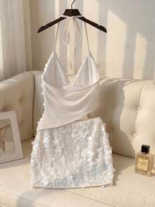 SHEIN Franclia Bộ đồ 2 mảnh ôm sát cơ thể thanh lịch cổ chữ V, vạt bất đối xứng, đính sequin dành cho nữ, gồm áo sequin và chân váy mini sequin. - Màu be - Xem 2