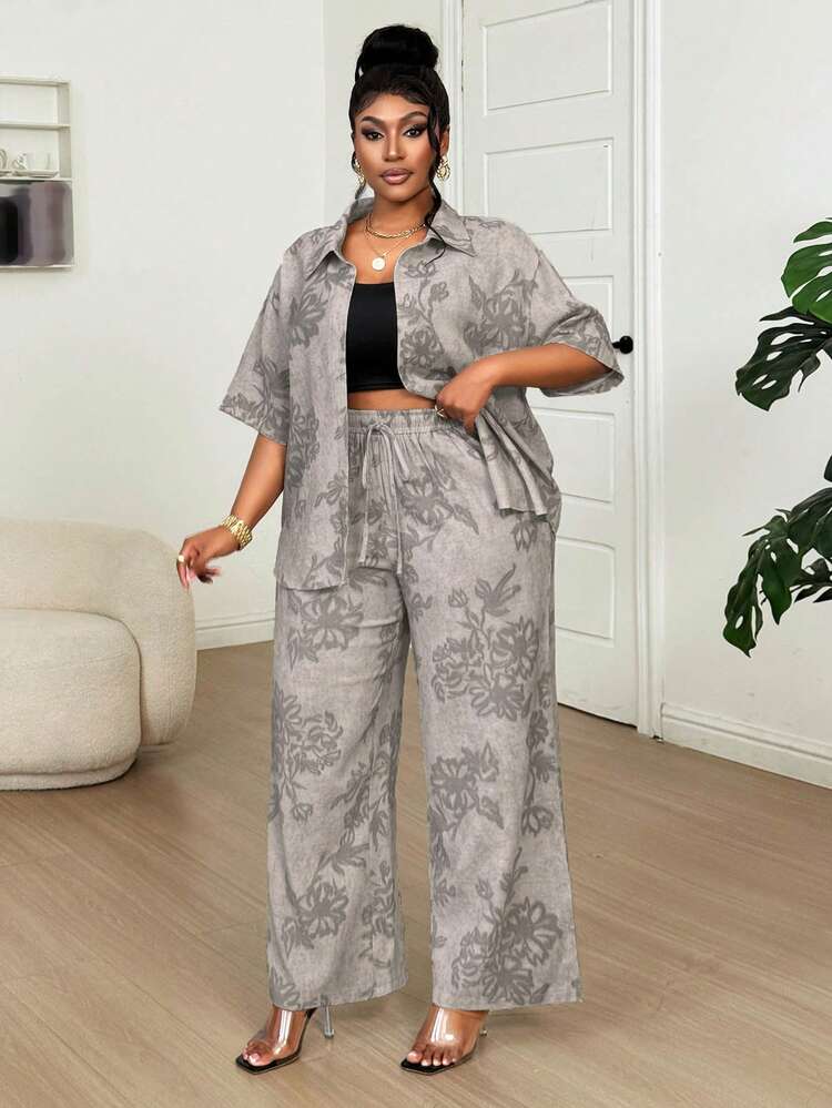 Dazy Plus Floral Print Loose Collar Shirt And Long Pants 2-Piece Set, Casual Commuter Style, Plus Size Women Spring/Summer Lounge Sets For Women