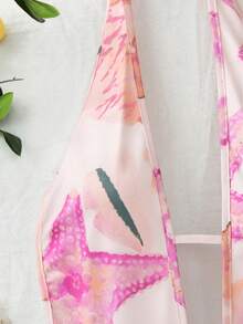 SHEIN Holidaya Bộ jumpsuit in họa tiết cổ chữ V gợi cảm, kiểu yếm, thích hợp cho kỳ nghỉ biển. - Hồng - Xem 3