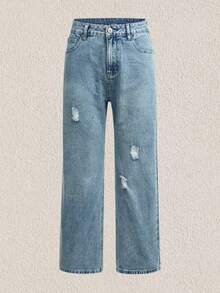 Men Ripped Straight Leg Jeans - Light Wash - View 1