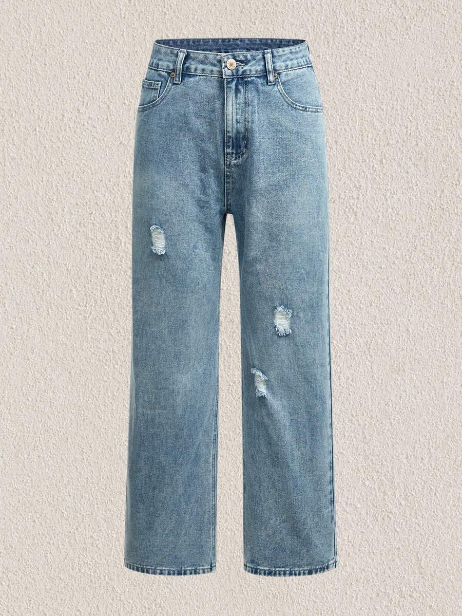 Men Ripped Straight Leg Jeans - Light Wash - View 1