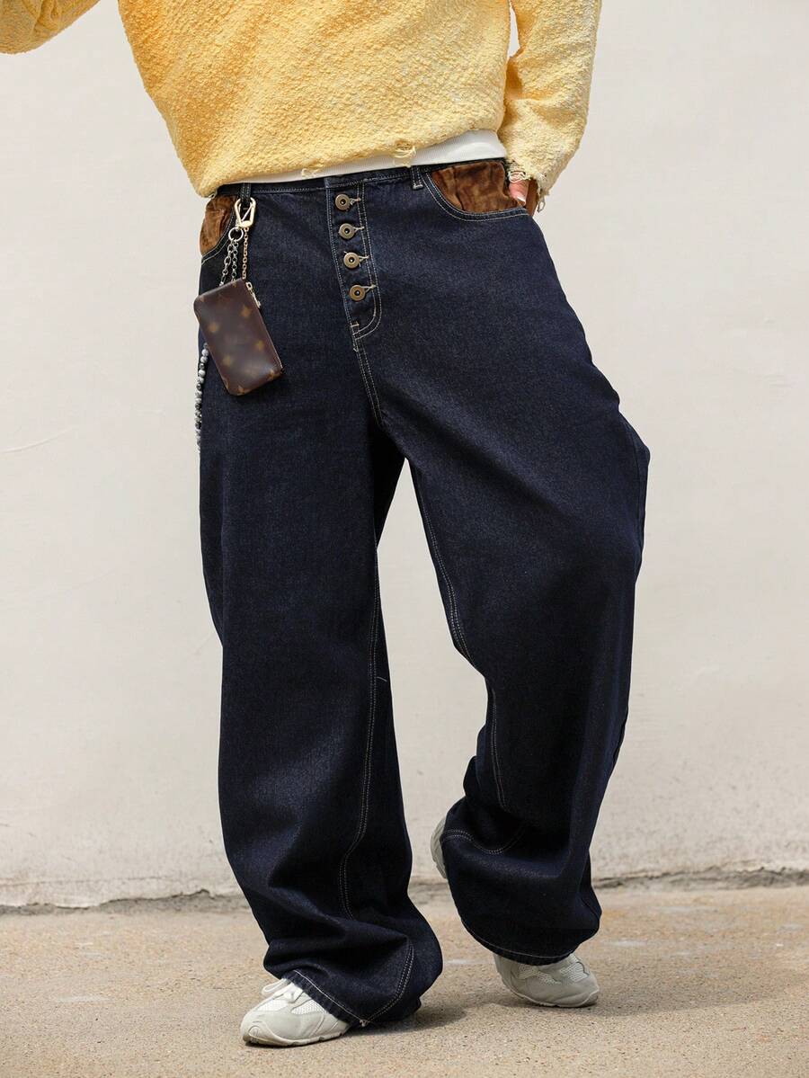 Quần jeans nam màu xanh hải quân đã giặt, thiết kế phối nhiều mảnh vải, cài nút, dáng dài. - Màu xanh lam - Xem 1