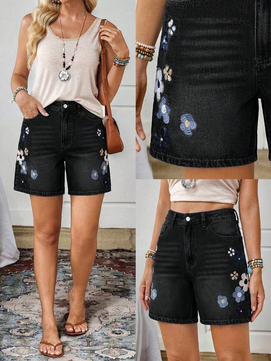 EMERY ROSE Pantaloncini di jeans casual larghi con decorazione floreale e tasche per le donne - nero - Visualizzare 1
