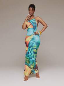 MUSERA Đầm maxi ôm sát in họa tiết, dáng suông, cổ đổ, thích hợp cho mùa xuân hè, lễ hội Ibiza, kỳ nghỉ, dễ thương, gợi cảm, phong cách Y2K, đi chơi đêm, câu lạc bộ, nhiệt đới, quyến rũ. - Nhiều màu - Xem 3