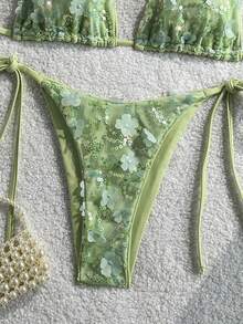 Costavie 2-Piece Floral Sequin Textured Halter Bikini Set, Blue, For Spring/Summer Beach Vacation - Mint Green - View 6