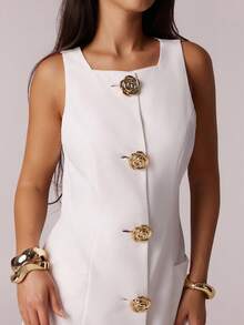 SHEIN Forever 21 Summer New Square Collar Sleeveless Metal Buckle White Commuter Mini Dress For Women - White - View 5
