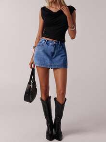 SHEIN Forever 21 Vintage Casual Street Style Distressed Denim Mini Skirt For Women, Spring - Dark Wash - View 3