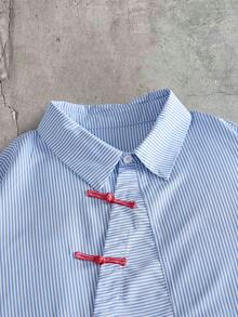 AXEPEAK Men's Striped Button-Down Short Sleeve Casual Shirt - Blue and White - View 3