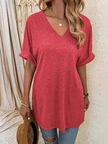 EMERY ROSE Camiseta de verano de unicolor, cuello en V, manga corta, casual, holgada, transpirable y cómoda - Rojo - Ver 4