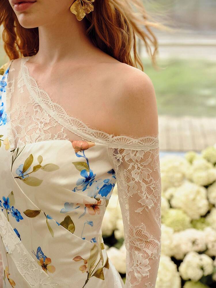 WOMEN'S ROMANTIC ELEGANT CONTRAST LACE FLORAL PRINTED LONG DRESS, SPRING/SUMMER