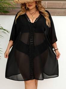 SHEIN CURVE+ Curve 尺码 US22 音乐节、海滨度假、波西米亚风女士度假纯色撞色蕾丝蝙蝠袖连衣裙 - 黑色 - 查看 9