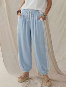 Wildy Women's Light Blue Lace Contrast Patchwork Tapered Pants, Casual Boho Western Country Chic Summer Vacation Holiday Autumn Commuting - Blue - View 8