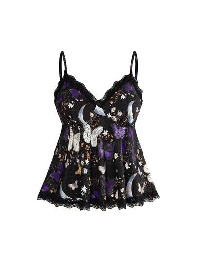 ROMWE Plus Size Women Gothic Dark Floral, Butterfly, Sun & Moon Print Contrast Lace Camisole Tank Top, Summer