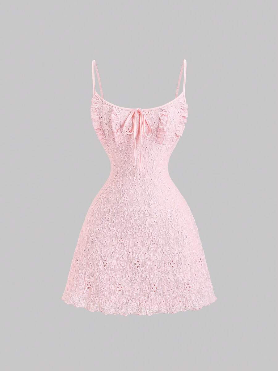 Sweetra Women's Soft Pink Lace Knit Mini Dress,Summer Cottage Core Picnic Sweet Bow Tie Strap Camisole Dress,Fitted A-Line Silhouette For Dates - Pink - View 1