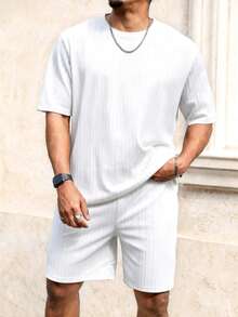 Manfinity Homme Conjunto de camiseta de manga corta de cuello redondo y pantalones cortos de unicolor minimalista para hombres de talla grande - Blanco - Ver 3