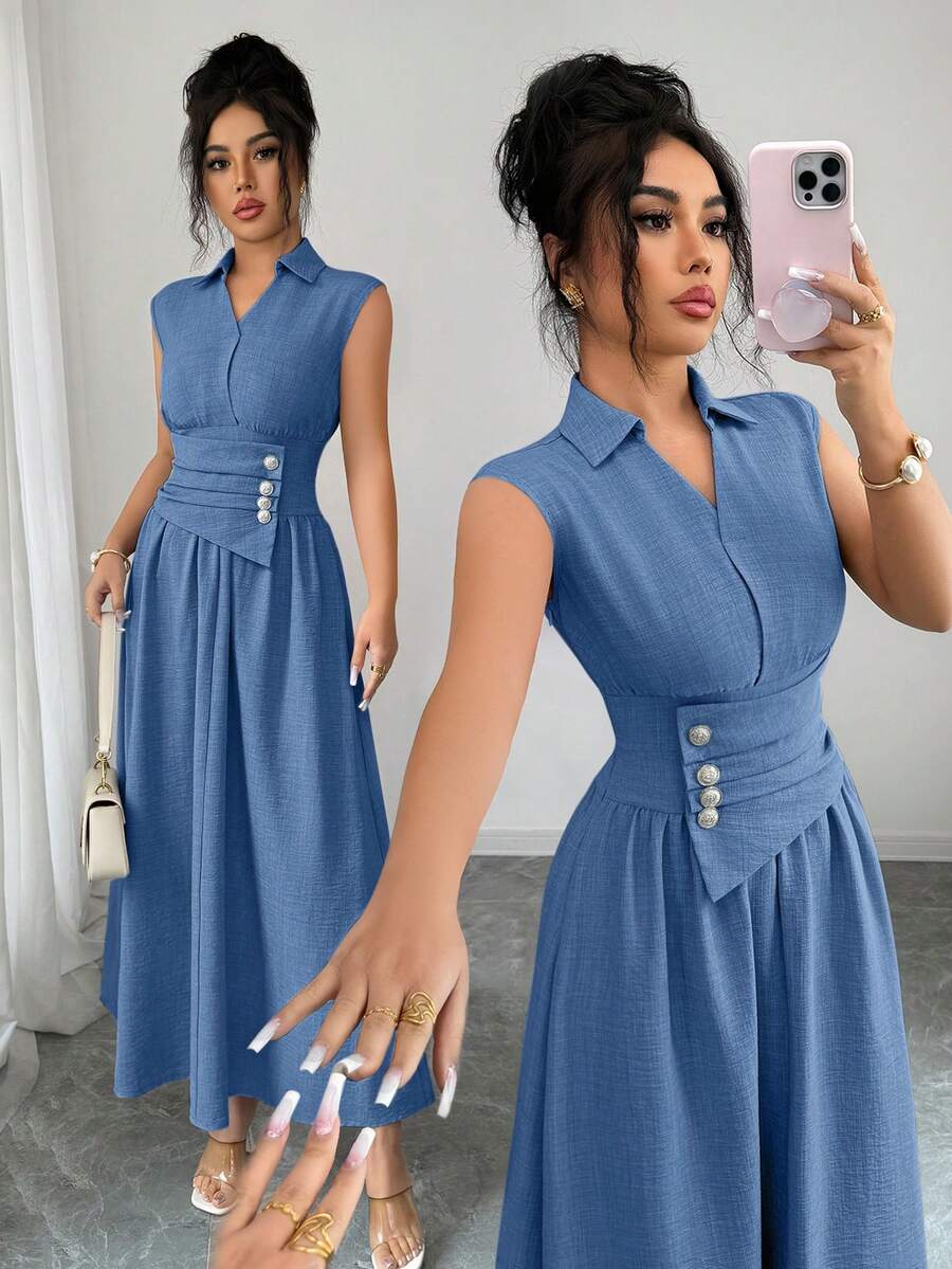 SHEIN Elenzya Women's Spring/Summer Collared Waist-Cinched Solid Color Textured Fabric A-Line Long Dress, Suitable For Commuting, Outings - Blue - View 1