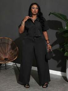 Slaydiva Women's Plus Size Pocket Green Shirt And Casual Pants 2 Pieces Set,Holiday Outfits - Black - View 6