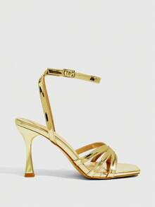 CUCCOO SZL Giày nữ cổ điển, sandal cao gót nữ, sandal quai chéo, gót mỏng, mũi vuông, thích hợp cho tiệc tối, công sở, đi làm, hẹn hò, trang phục gợi cảm. - Vàng - Xem 2