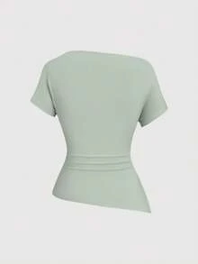 Sweetra 3pcs Women's Casual Everyday Commute Solid Color Asymmetrical Neck Ruffle Fitted T-Shirts, Summer - Multicolor - View 4