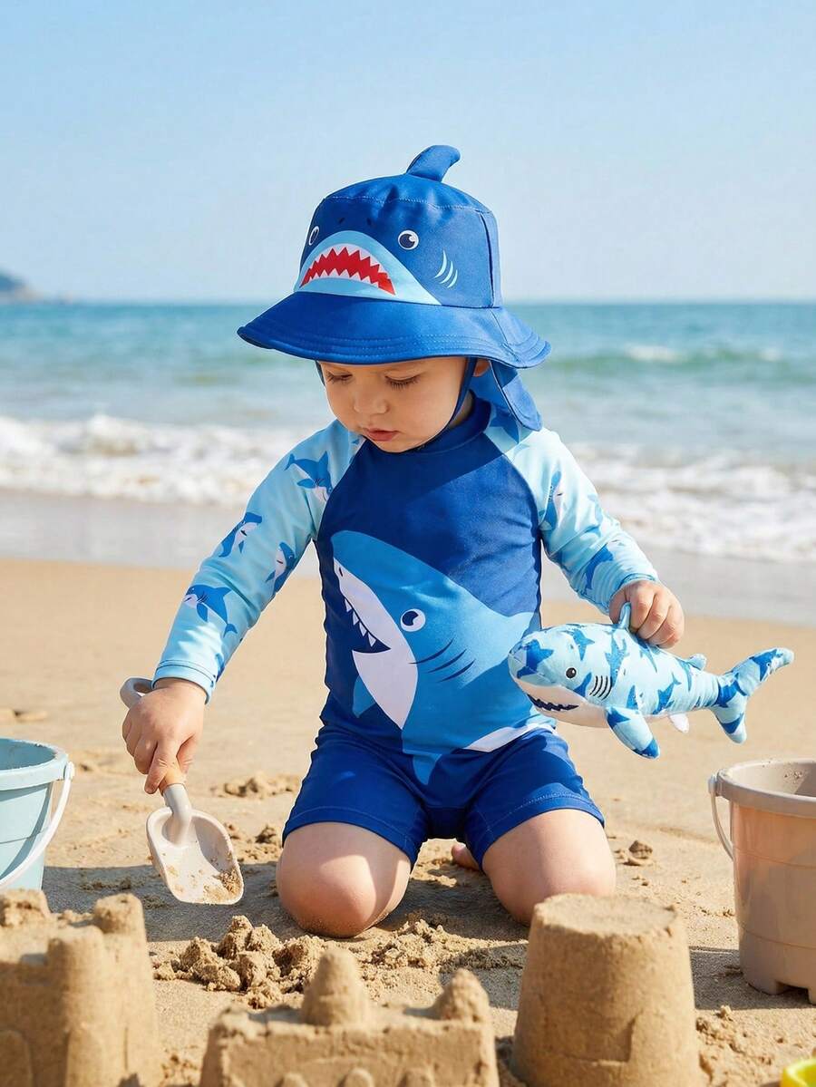 Bộ đồ bơi dài tay in hình cá mập hoạt hình cho bé trai (áo chống nắng và quần bơi) - Nhiều màu - Xem 1