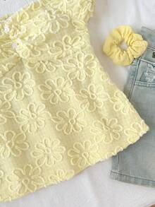 SHEIN Áo babydoll cổ trái tim màu vàng, chất liệu vải dệt họa tiết, phong cách thường ngày, thích hợp cho bé gái tuổi teen, thích hợp cho kỳ nghỉ hè. - Màu vàng - Xem 4
