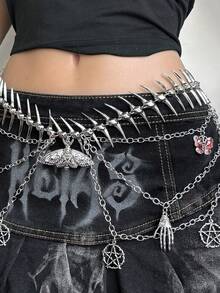 ROMWE Goth Phụ kiện trang trí nữ 1 mảnh hình xương bạc đính gai, màu đỏ, nhỏ giọt dầu, hình bướm, lòng bàn tay rỗng, ngôi sao năm cánh, con bướm đêm, phong cách punk tối màu, đường phố, nhiều lớp, dây đeo eo, phụ kiện váy, quần jean, đa năng, hàng ngày, dự tiệc, được ưa chuộng. - Xương gai nhiều lớp chuỗi thắt lưng - Xem 5