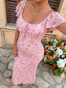 Lyckli Puff Sleeve Front Bow Tie Decor Casual Smock Maternity Dress, Striped - Pink - View 4