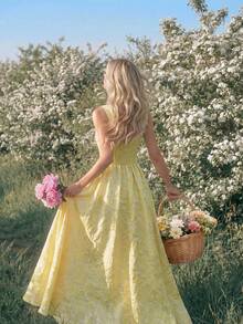 Glamine Charm Đầm maxi nữ màu trơn thêu hoa, thích hợp cho kỳ nghỉ biển, đi làm hàng ngày, phong cách đường phố thường ngày, phong cách quý cô thanh lịch lãng mạn, đầm ôm eo giúp thon gọn cho mùa xuân và mùa hè. - Màu vàng ngỗng - Xem 5
