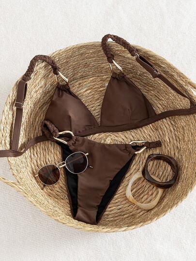 Swim Chiccia 女士泳衣两件套，性感度假沙滩优雅纯色，配有可调节肩带和金属装饰，棕色女士沙滩装