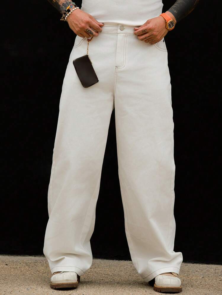Long White Solid Color Loose Fit Pants For Men