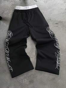 PAVTROS Men's Contrast Color Waistband Letter Print Wide Leg Sweatpants Wide Leg - Black - View 2