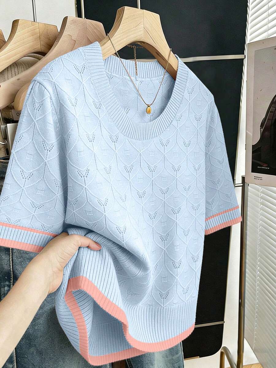SHEIN Clasi 女士休闲衬衫,适合日常通勤、情人节、街头风等各种场合,百搭商务优雅知性风,圆领条纹修身短袖撞色杏色宽松直筒套头针织衫,大码可选,春夏款 - 淺藍色 - 查看 1