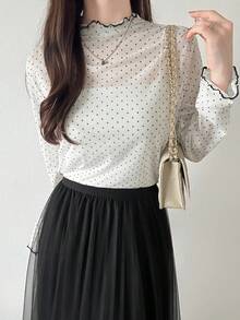 FRIFUL Women's Casual Polka Dot Print Long Sleeve T-Shirt - White - View 2