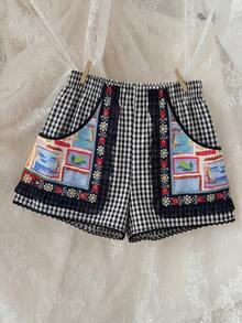 Flirla Red Plaid Cute Fruit Pattern Women Shorts - Black - View 5