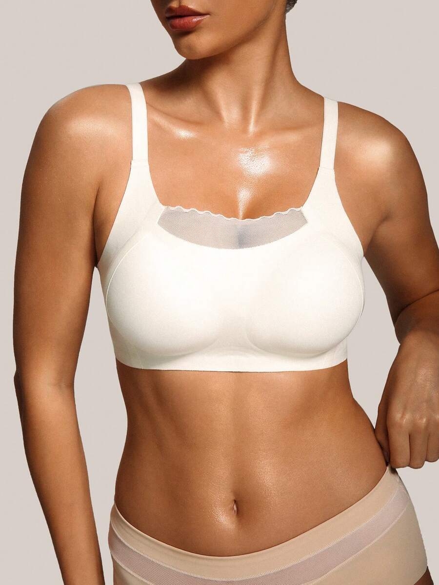 Barelissa Women's Solid Color Mesh Patchwork Fashionable Minimalist Durable Comfortable Underwear (Removable Padding) - White - View 1