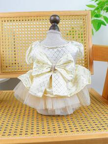 PETSIN 1 pieza Vestido de lujo para mascotas (gatos/perros) con estampado de cuadros en color dorado champán, decorado con rhinestones y grandes lazos en estilo princesa para perros pequeños - Champán - Ver 5