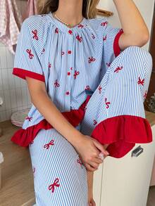 SweetSlumber Women's Contrast Stripe & Bow Print Short Sleeve Top And Long Pants Pajama Set - Blue - View 1