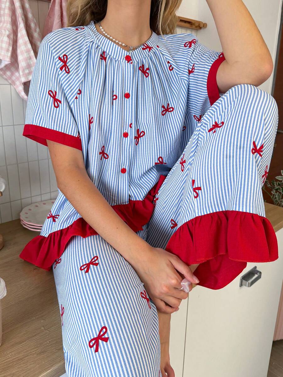 SweetSlumber Women's Contrast Stripe & Bow Print Short Sleeve Top And Long Pants Pajama Set - Blue - View 1