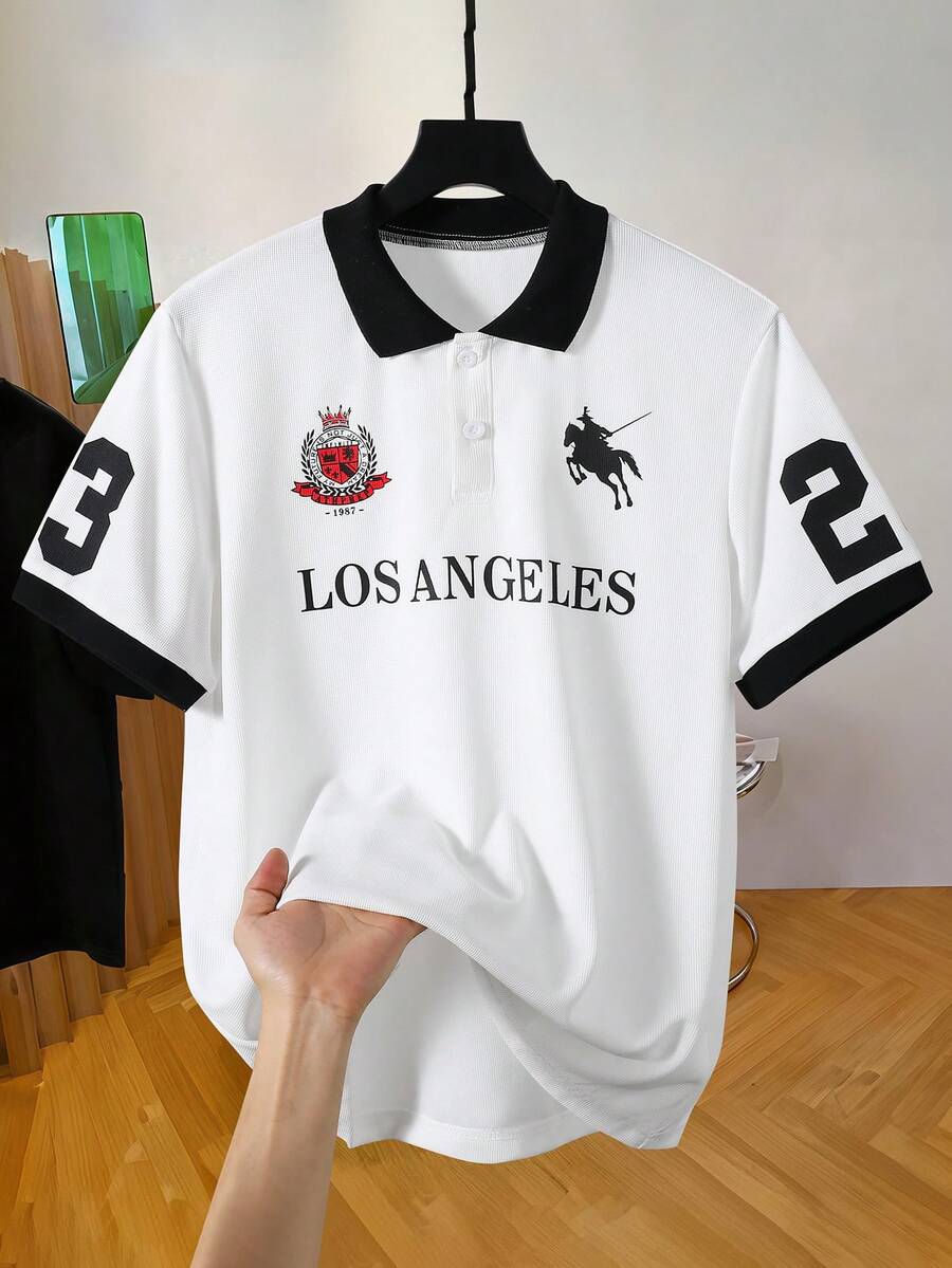 Mirajuku Casual Vacation Comfortable American Style Teens/Young Men Printed Letter Polo Shirt, Fashionable & Versatile - White - View 1