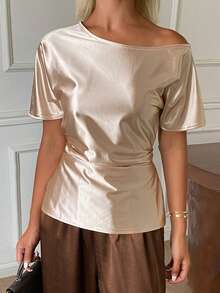 DAZY Women's Solid Color Tie-Waist Asymmetrical Shoulder Short Sleeve Elegant Summer Blouse - Apricot - View 1