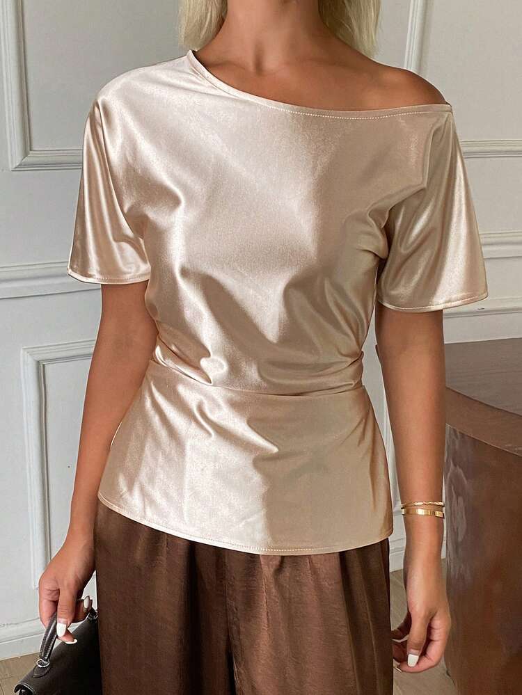 Women's Solid Color Tie-Waist Asymmetrical Shoulder Short Sleeve Elegant Summer Blouse